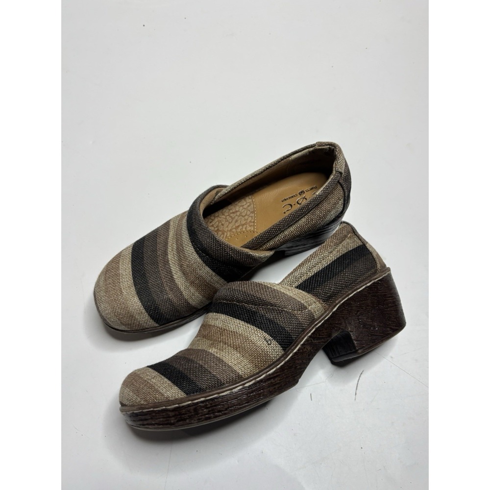 B.O.C. Born Nadiyya Women's 9M‎ Brown Striped Canvas Boho Heeled Clogs Shoes